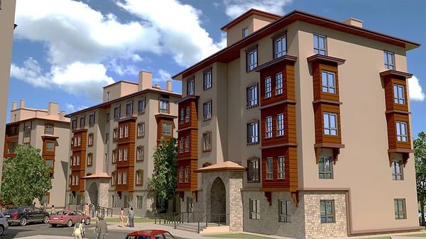 Doğal taş ve ahşap görünümlü cephe detayı