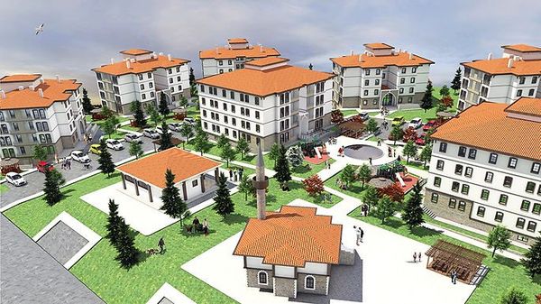 Cami, şadırvan ve konut blokları